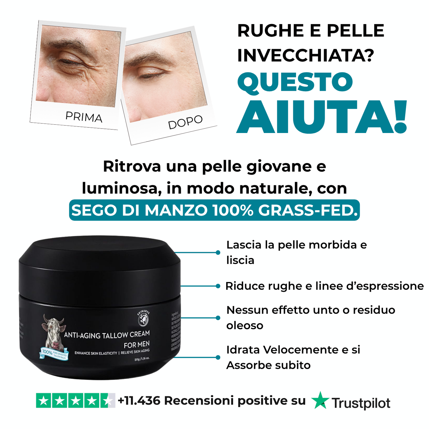 Pelle visibilmente più liscia e giovane in 14 giorni o ti rimborsiamo.